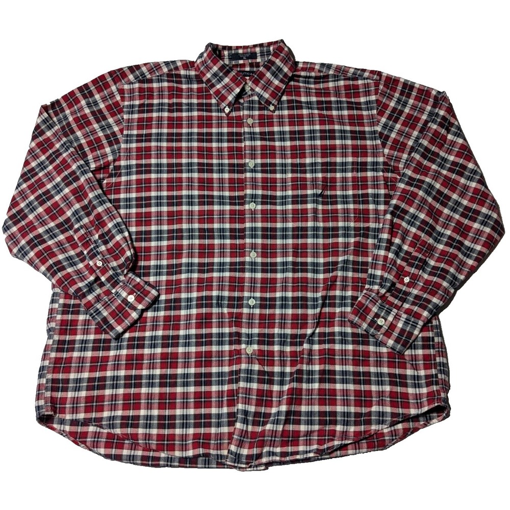NAUTICA Men Size XL Red Blue Plaid Cotton Button-Up Shirt
